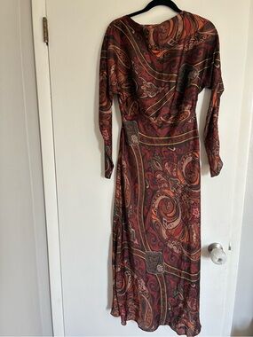 Zara Satin Brown Paisley Long Sleeve Dress